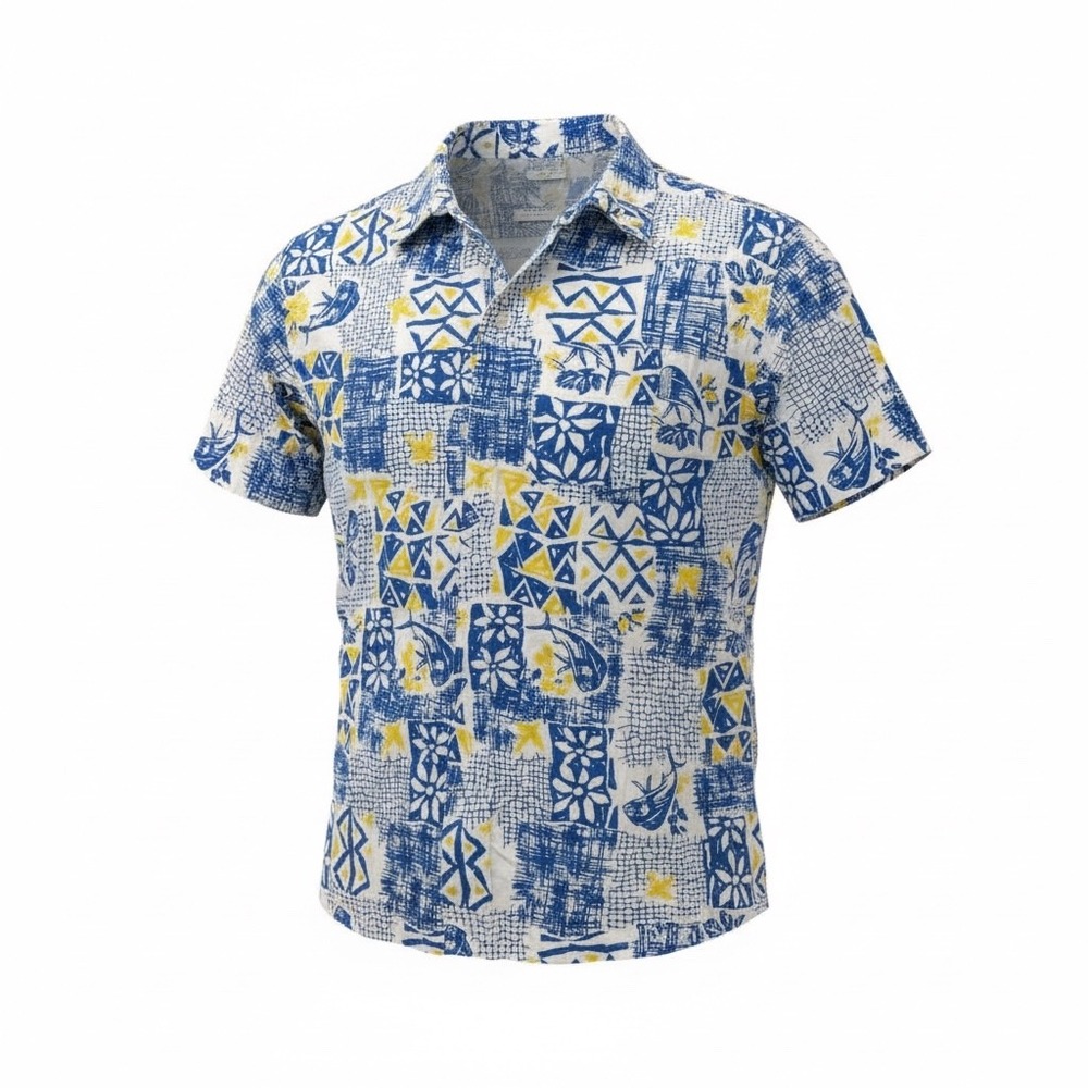 Columbia PFG Mens Medium Blue Yellow‎ Fish Graphic Short Sleeve Fishing Shirt